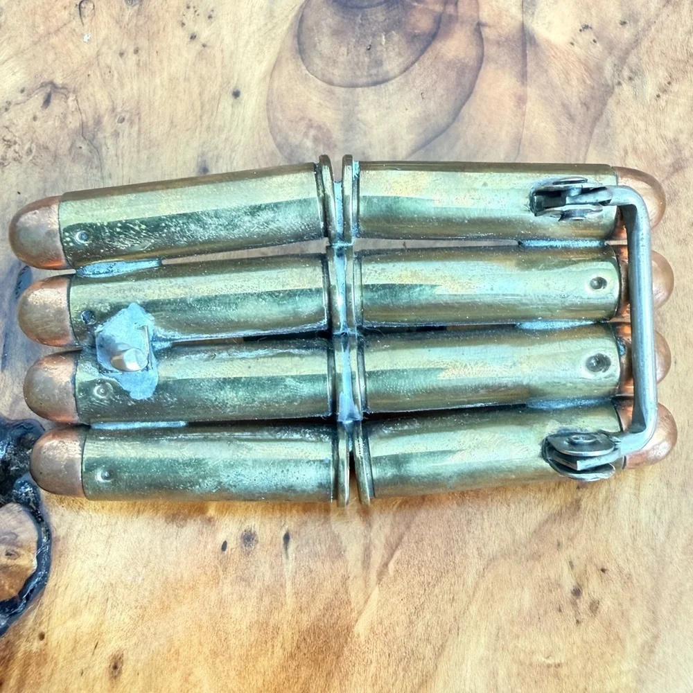 Western artisan crafted vintage belt buckle spent casings turquoise center stone